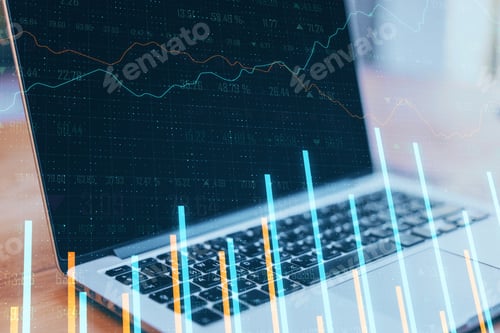 Preview: Close Up Of Laptop Computer With Forex Chart On Desktop And Blurry Bokeh Background. Analytics And