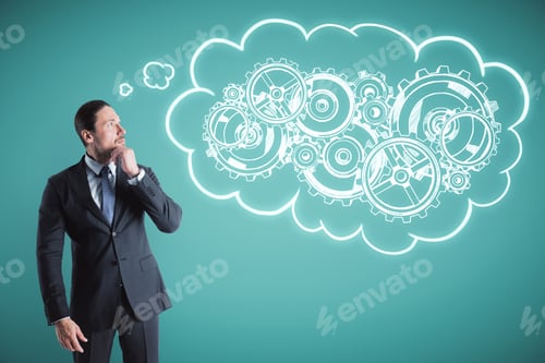 Preview: Portrait Of Attractive Young Businessman Thinking Of Cogwheels Sketch On Green Background. Teamwork