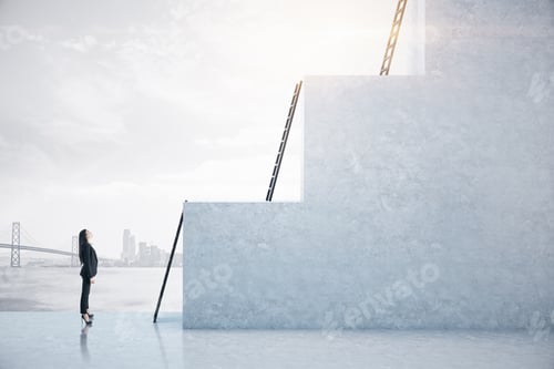 Preview: Businesswoman Looking On Concrete Cube With Ladder On City Background. Motivation And Career