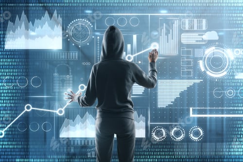 Preview: Back View Of Young Hacker Using Glowing Digital Business Interface. Hacking And Theft Concept.