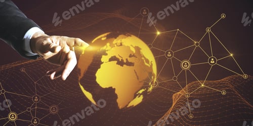 Preview: Businessman Hand Pointing At Glowing Globe Hologram With Polygonal Mesh On Dark Background. Global