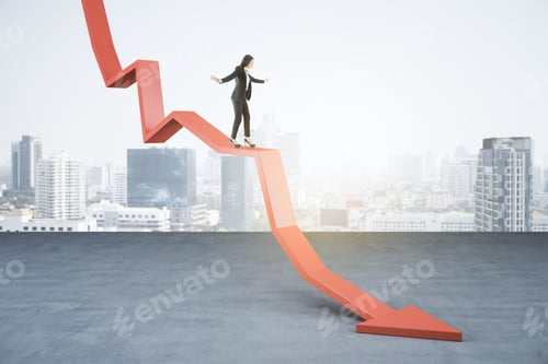 Preview: Young Businesswoman Balancing On Abstract Falling Red Arrow On Light City Background With Mock Up