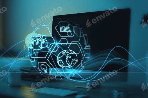 Preview: Close Up Of Workplace With Computer Monitor And Creative Blue Spherical Business Interface On