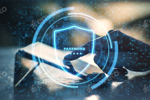 Preview: Close Up Of Hands Pointing At Tablet With Glowing Protection Shield On Blurry Outdoor Background