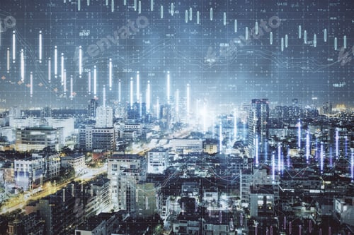 Preview: Glowing Falling Stock Exchange Statistics Hologram On Blurry City Background. Trade And Investment