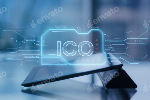 Preview: Close Up Of Tablet With Creative Ico Chip Hologram On Blurry Office Desktop Background. Initial