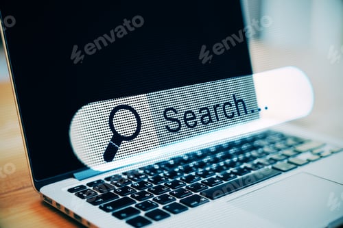 Preview: Close Up Of Laptop With Creative Search Bar On Dark Background. Seo And Internet Concept. Double