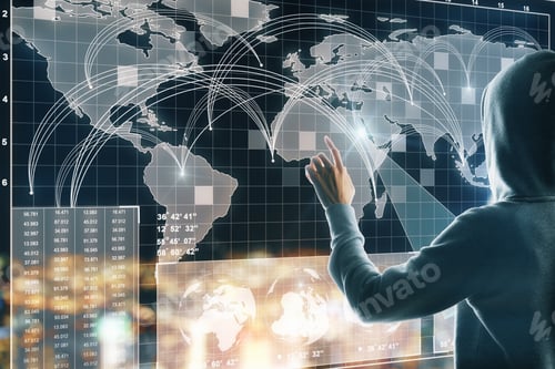 Preview: Hacker Using Abstract Digital Map Interface On Blurry Background. Global Network And Criminal