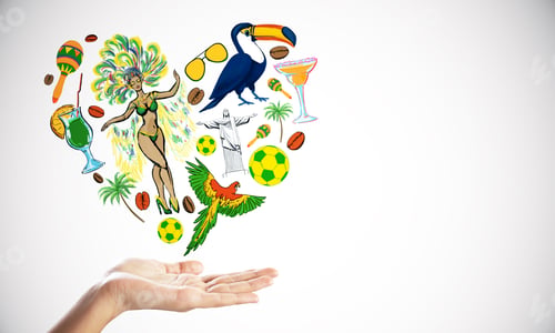 Preview: Travel Concept With Traditional Symbols Of Brazil Heart Shaped Above Human Palm.