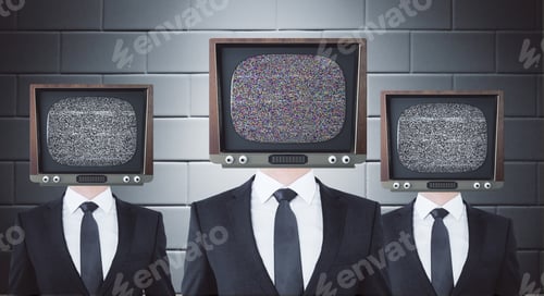 Preview: Retro Tv Headed Businessmen On Brick Background. Mock Up