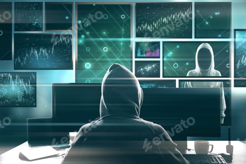 Preview: Hacking And Forex Concept. Hacker At Desktop Using Computer With Digital Business Interface On