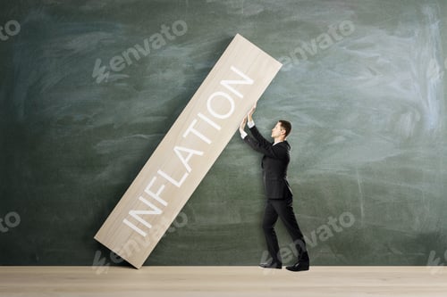 Preview: Attractive Young European Man Stopping Wooden Block With Crisis, Depression And Inflation Concept