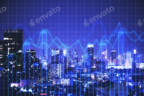 Preview: Creative Glowing Blue Night New York City Background With Grid Forex Chart. Trade And Marketing