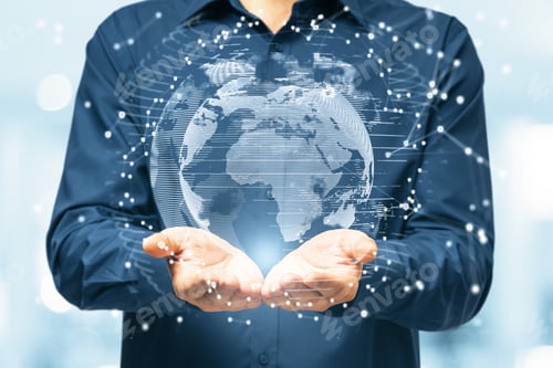 Preview: Close Up Of Businessman Hands Holding Abstract Glowing Polygonal Globe On Blurry Background