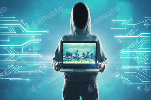 Preview: Hacker Holding Laptop With Forex Chart. Criminal And Trade Concept