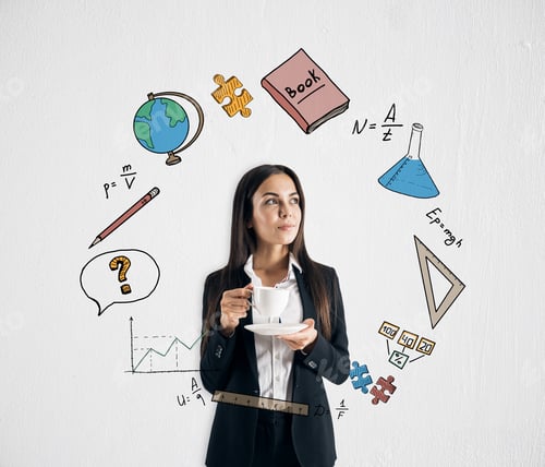 Preview: Education And Science Concept. Portrait Of Attractive Young European Businesswoman Holding Coffee