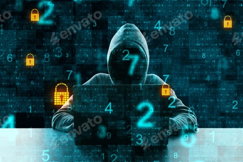 Preview: Hacker At Desktop Using Laptop On Abstract Binary Code Background With Padlocks. Malware And