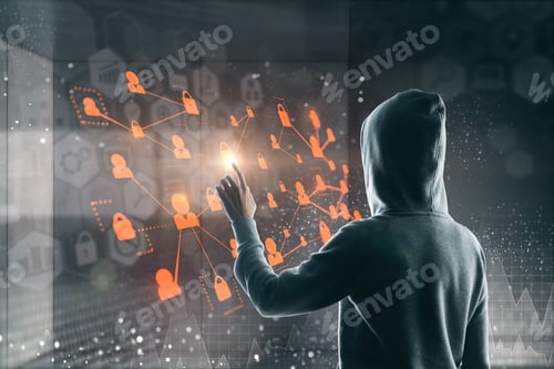 Preview: Side View Of Hacker Using Digital Business Interface On Blurry Background. Double Exposure