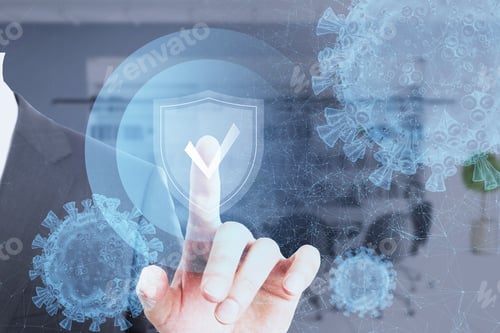 Preview: Close Up Of Businessman Hand Pointing At Antivirus Protection Shield On Blurry Background. Cyber
