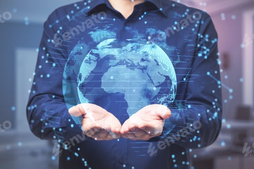 Preview: Big Data Concept With Man Opens His Palms And Digital The Eartj Planet With Lots Of Glowing Dots