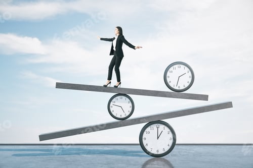 Preview: Businesswoman Walking On Scales On Blue Sky Background. Business And Deadline Concept.
