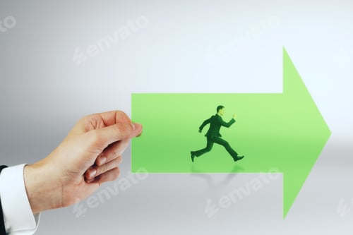 Preview: Hand Holding Green Arrow With Running Businessman On Grey Background. Growth And Success Concept