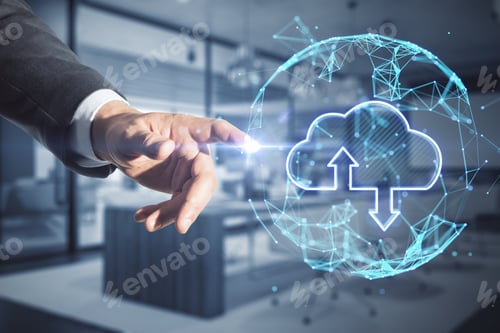 Preview: Close Up Of Businessman Hand Pointing At Abstract Glowing Polygonal Sphere With Cloud And Arrows On
