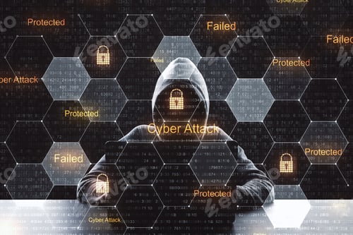 Preview: Cyber Security Concept With Digital Cells With Lock Icons And No Face Hacker Using Laptop.Double