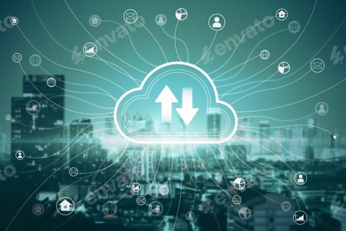 Preview: Creative Glowing Cloud Hologram On Illuminated Night City Background. Cloud Computing And Database