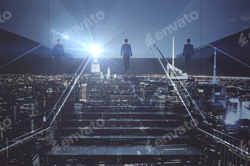 Preview: Back View Of Businessman With Reflections Climbing Stairs On Abstract Night City Background. Growth