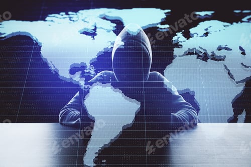 Preview: Hacker Using Laptop With Creative Glowing World Map On Blue Background. Criminal And Global Data
