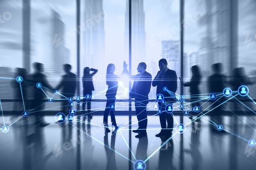 Preview: Businesspeople Working Together In Bright Office With Abstract Glowing Polygonal Network With