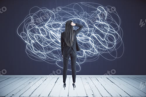 Preview: Back View Of Thoughtful Young Businesswoman Looking At Abstract Scribble On Wall. Confusion And