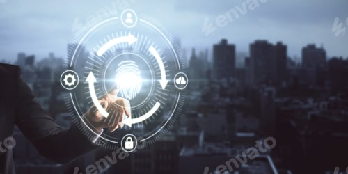 Preview: Close Up Of Businessman Hand Pointing At Abstract Glowing Fingerprint Id Scanning Interface On