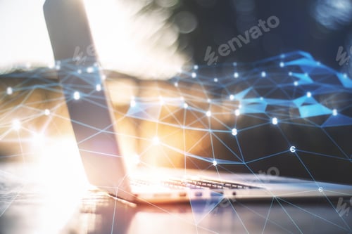 Preview: Close Up Of Laptop With Creative Glowing Polygonal Mesh On Blurry Outdoor Background. Innovation