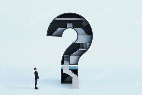 Preview: Businessman Looking At Abstract Question Mark With Stairs Inside On White Background. Challenge And