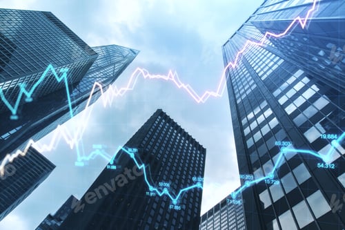 Preview: Abstract City Background With Glowing Forex Chart. Bottom View. Trade And Finance Concept. Double