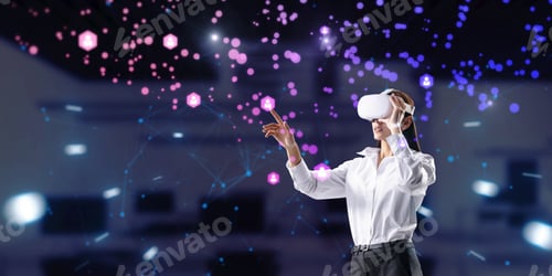 Preview: Attractive Young European Female With Vr Glasses And Abstract Global Polygonal Network On Dark