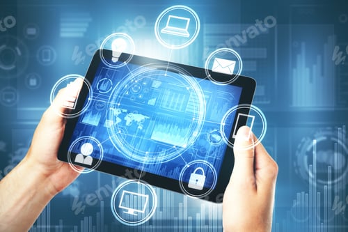 Preview: Hands Using Tablet With Digital Business Interface. Technology And Future Concept