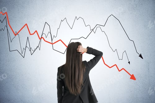 Preview: Pencive Businesswoman Looking On Crash Crisis Chart. Business And Financial Crisis Concept