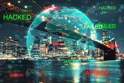 Preview: Abstract Hacked Globe On Night City Background. Hacking And Phishing Concept. Double Exposure