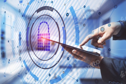 Preview: Black And Blue Keylock Hologram On A Background With A Hand Holding A Tablet, Data Safety And