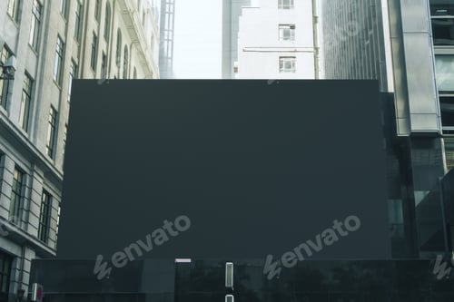 Visualização: Banner preto vazio no prédio da cidade. Anúncio Público e Conceito Comercial. Maquete