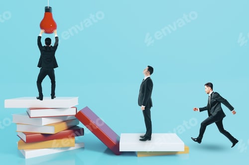 Preview: Businessmen With Abstract Books And Lamp. Education, Idea And Teamwork Concept. 3D Rendering