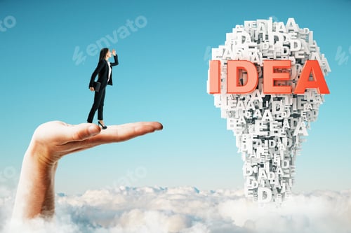 Preview: Businesswoman With Creative Idea Light Bulb On Blue Sky Background With Clouds. Innovation And