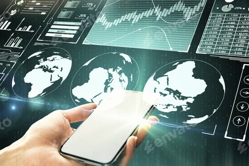 Preview: Close Up Of Hand Holding Smartphone On Binary Code Background With Digital Business Interface