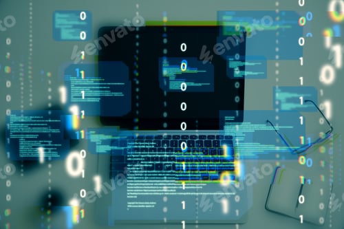 Preview: Close Up Of Desktop With Notebook Computer And Abstract Coding Binary Code Hologram On Blurry