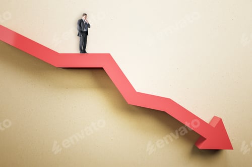 Preview: Businessman Standing On Abstract Red Downward Chart Arrow On Light Background. Down, Drop, Finance
