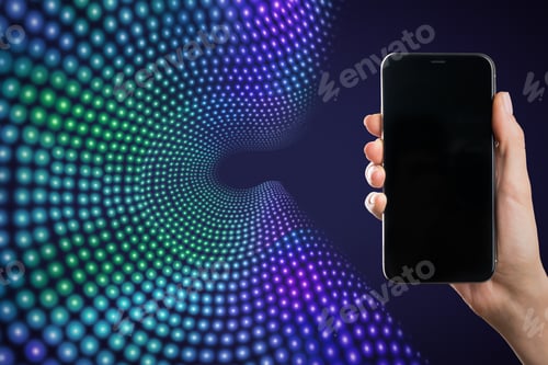 Preview: Close Up Of Hand Holding Cellphone With Mock Up Place On Black Screen On Creative Big Data Flow
