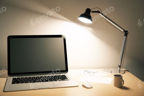 Preview: Blank Black Laptop Screen With Coffee Mug And A Lamp On Wooden Table, Mock Up